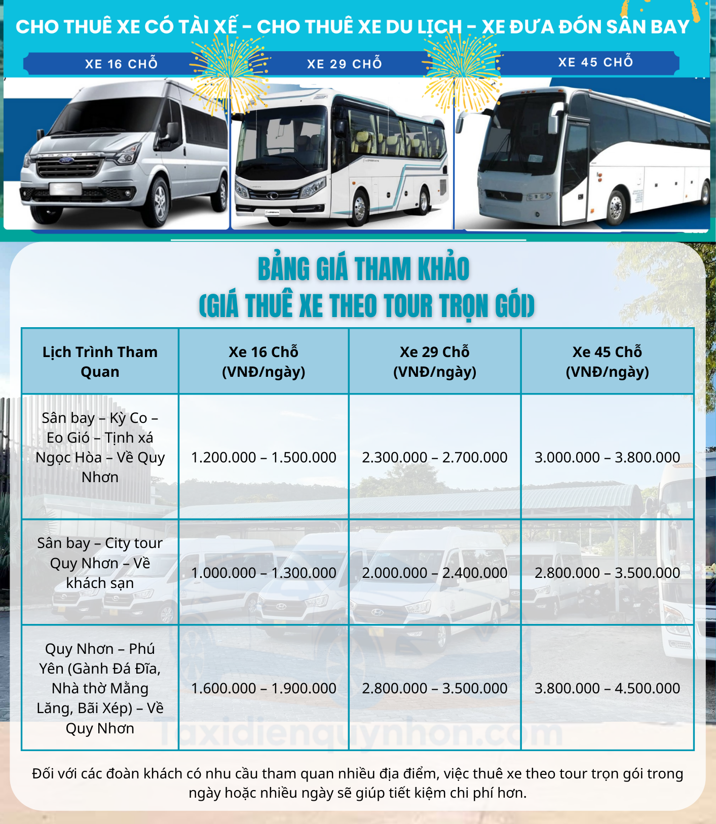 BÁO GIÁ DỊCH VỤ CHO THUÊ XE DU LỊCH TẠI QUY NHƠN